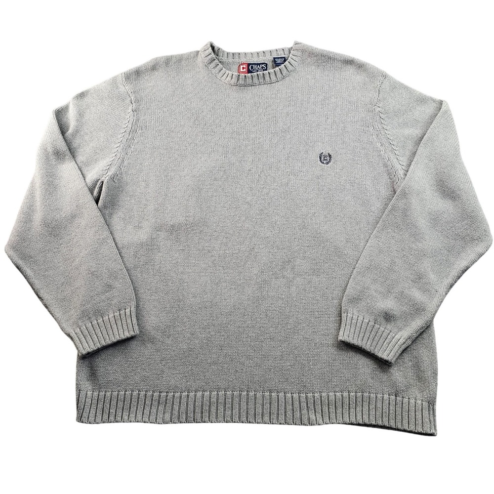 Chaps Pullover Sweater Mens 2XL‎ Gray Thick Cotton Knitted Long Sleeve Crew Neck